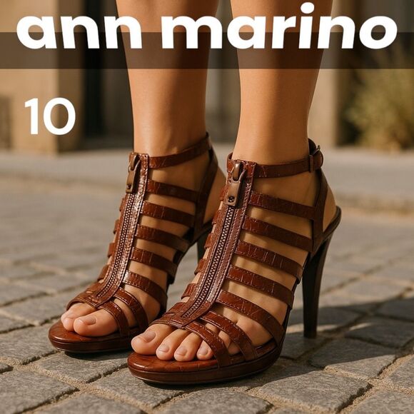 Women’s Ann Marino  Brown Strappy 4 Inch Heel Zip Front Sexy!  Sz 10m - Picture 1 of 12